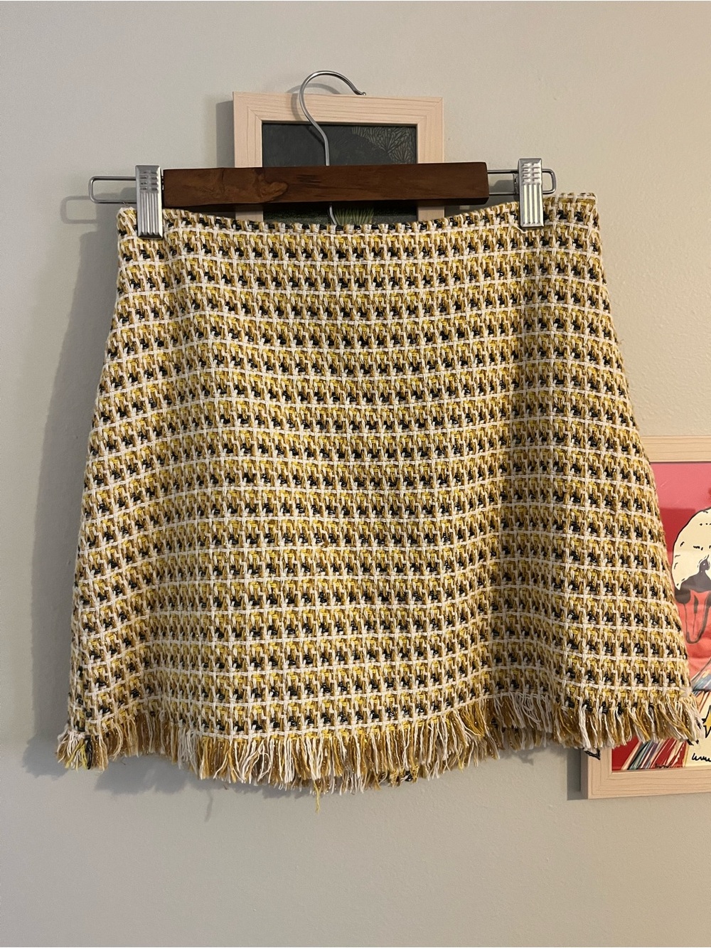 Lulu's Yellow and White Tweed Fringe Mini Skirt